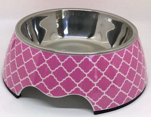 Cute Pink Dog Bowl Set – Melamine & Stainless Steel Double Bowl