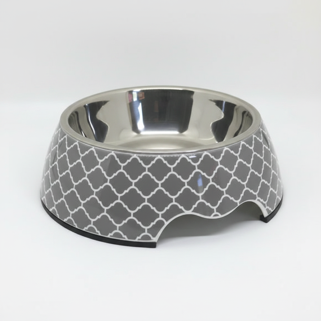 Modern gray dog bowl, single unit, white background