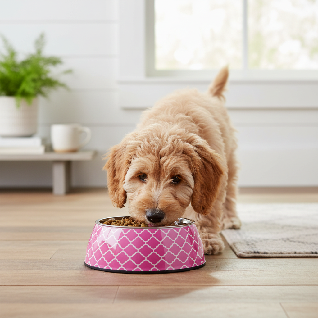 Small dog eating from pink bowl, lifestyle photo