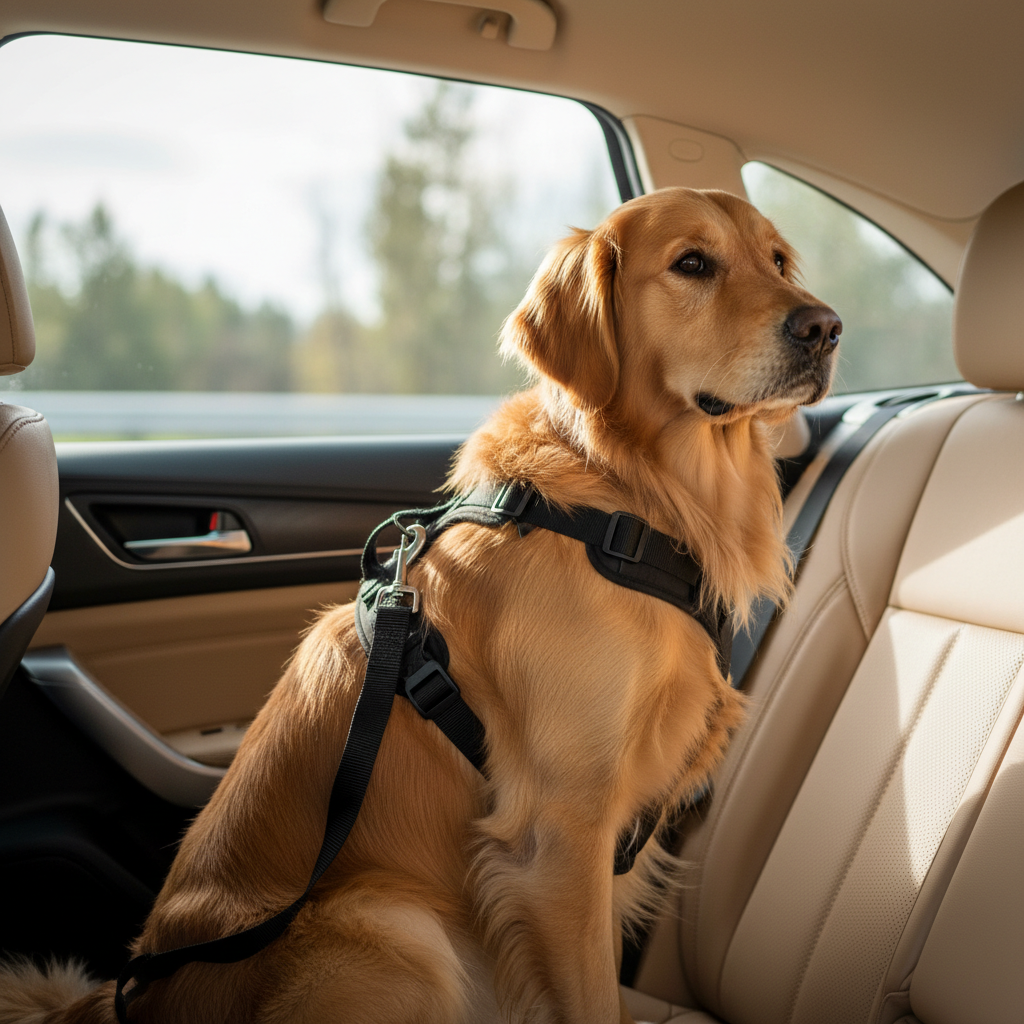 Adjustable Pet Seat Belt Tether – en uso con perro en el carro
