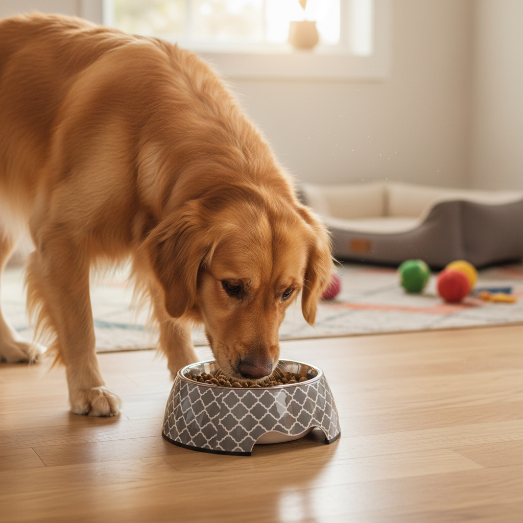 Dog eating from gray bowl, lifestyle photo